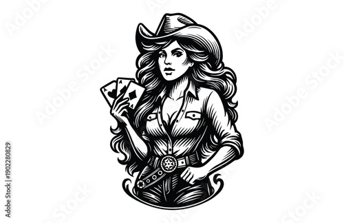 Vintage Engraving Woodcut Illustration of Western Cowgirl Holding Ace Playing Cards