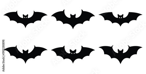 Set of halloween bat wings spread silhouettes black icon Vector illustration and isolated on white background.