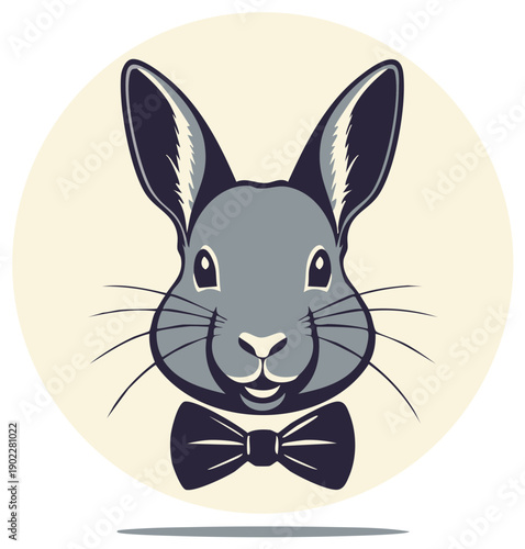 Elegant cartoon rabbit portrait with bowtie against a neutral circular background, vintage style.