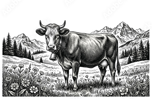 Vintage Engraving Woodcut Illustration of Swiss Dairy Cow with Bell in Alpine Mountain Meadow