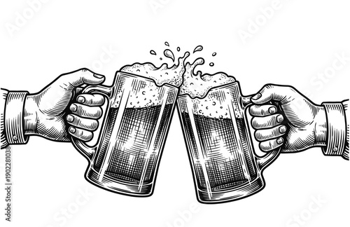 Vintage Engraving Woodcut Illustration of Two Hands Clinking Beer Mugs in Celebration Vintage Pub Illustration