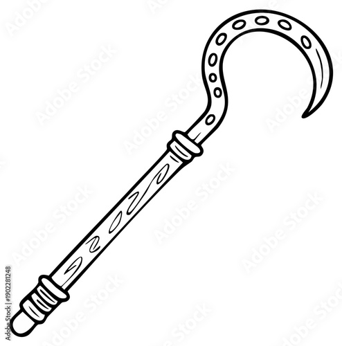 Hand drawn illustration of a scythe tool with wooden handle