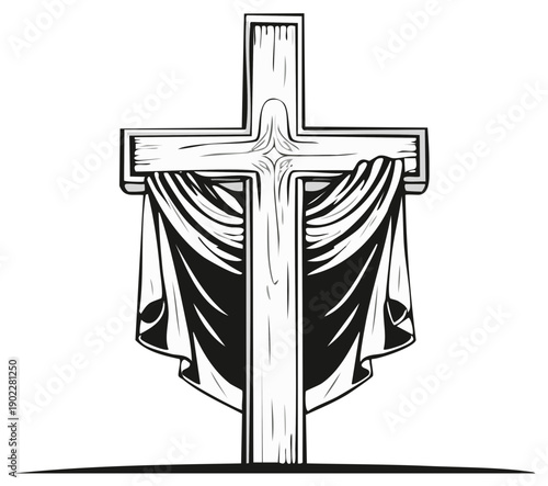 Religious cross with draped fabric monochrome illustration