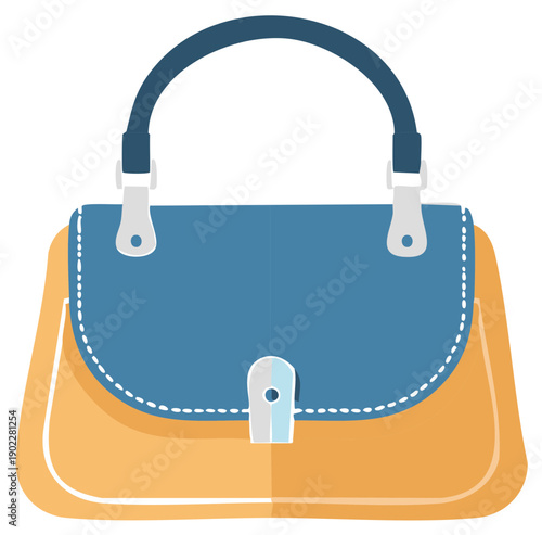 Stylized Blue and Tan Handbag With Dark Handle and Closure Illustration
