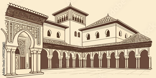 Ancient Moorish Architecture, Historic Building with Arches and Towers, Sepia Illustration
