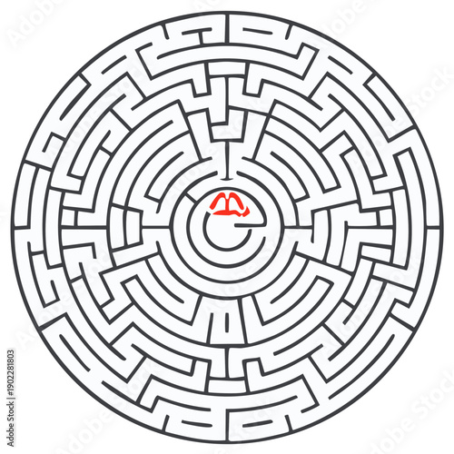 Circular labyrinth with solution, challenge, path finding concept, maze game, riddle, problem solving, success