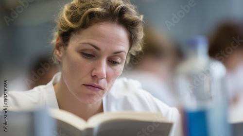 Caucasian woman scientist reading in laboratory, focused calm expression during research work, academic study and training mood, STEM education concept for International Womens Day