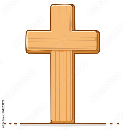 Cartoon wooden Christian cross on white background, illustration, symbol of faith, religion
