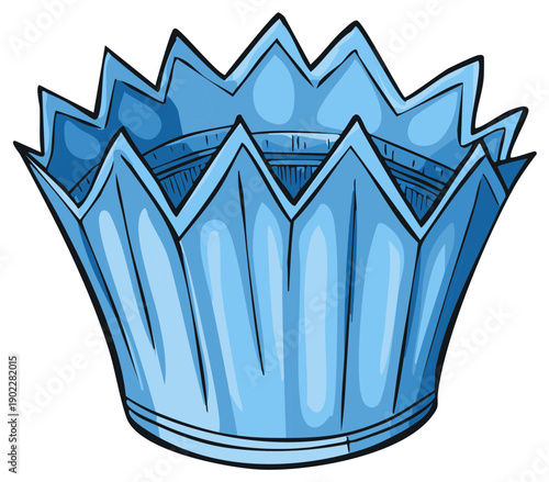 Stylized blue glass crown shaped vase with sharp angular edges and vertical pleats