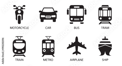 Public transportation icons including motorcycle car bus tram train metro airplane and ship with text labels