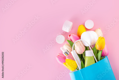 Spring skin care cosmetics flat lay.