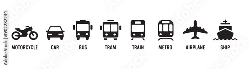 Transportation icon set with black silhouette symbols of motorcycle car bus tram train metro airplane and ship