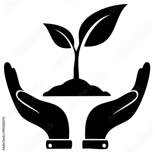 Growing plant seedling held by cupped hands, representing nature protection, growth, and environmental care icon.