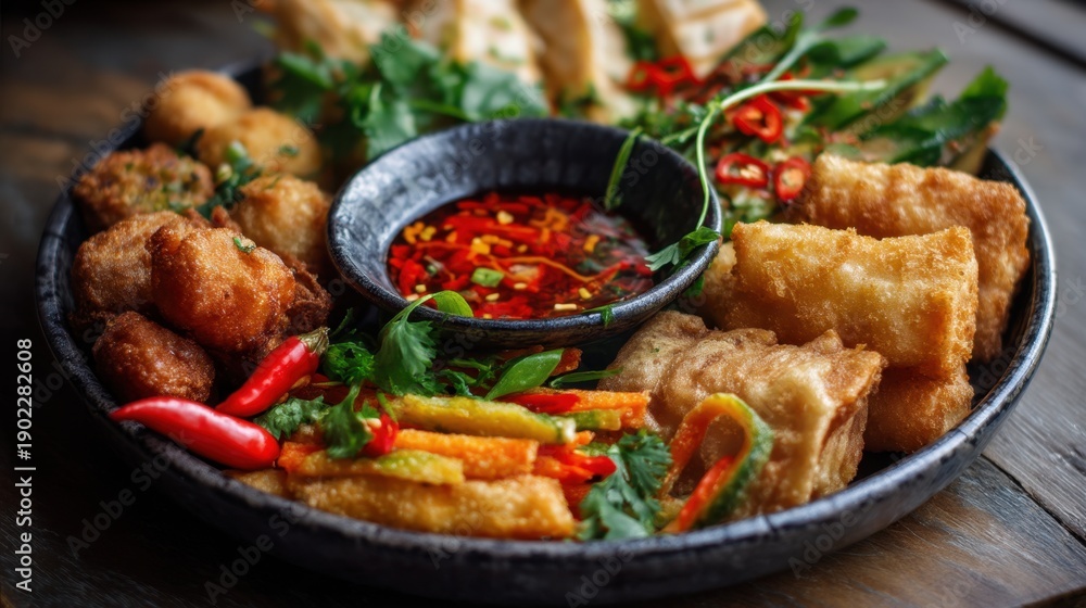 Fototapeta premium Assortment of fried Asian appetizers including spring rolls, fish cakes, and vegetables, served with a spicy dipping sauce.