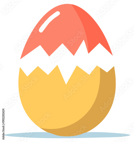 Cartoon Style Illustration of a Cracked Easter Egg with Salmon Color Top and Golden Bottom Shell Symbol of New Life and Celebration
