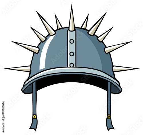 Cartoon illustration of a spiked helmet in shades of blue and gray