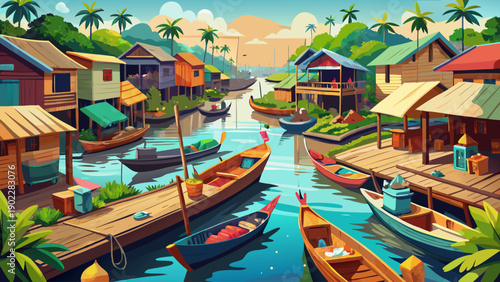 Very beautiful wooden boats docked along canals at Ganvie market, showcasing daily life, floating commerce, and unique waterside culture in Benin’s iconic lake village.