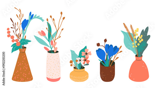 Set of bouquets in vases with spring, summer blooming flowers. Floral compositions. Hand drawn vector isolated illustrations on white for birthday invitations, Women's Day, Mother's Day, wedding cards