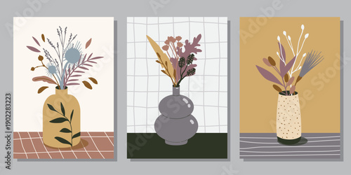 Set of posters: winter bohemian bouquets. Collection of botanical compositions in vases. Trendy dried wild grass, flowers, leaves, plants. Hand drawn flat illustration. Elegant interior floral decor