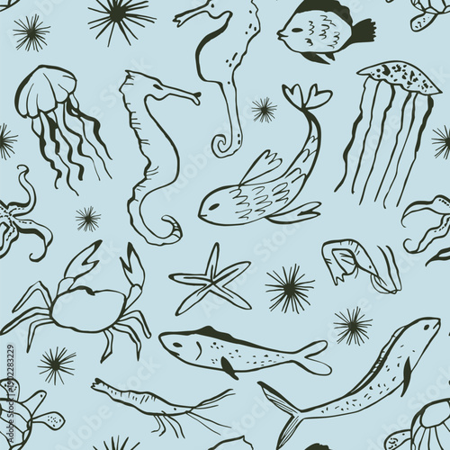 Underwater creatures Seamless pattern. Fish, crab, starfish, shrimp, seahorse. Modern wild life doodles. Simple outline ink. Hand drawn sea, ocean creatures. Vector surface. Naive childish style