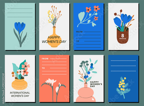 Set of elegant floral templates for Greeting Card, Poster, Banner, Flyer. Minimalist flowers in vases. Flat vector hand drawn designs for spring holidays, International Women's Day, 8 March