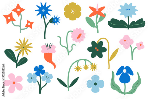 Various abstract geometric floral designs. Set of naive primitive flowers, leaves, plants. Playful minimalist style. Simple shapes. Trendy modern elements. Flat vector isolated illustration collection