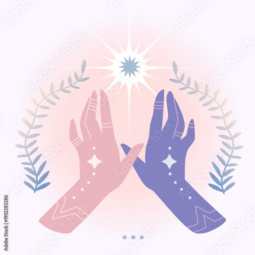 Elegant vector card, poster. Illustration of two hands, radiant starburs, decorative plant motifst. Harmony, spirituality concept. Soft pastel colors: pink, purple. Dreamy mystic ethereal aesthetic