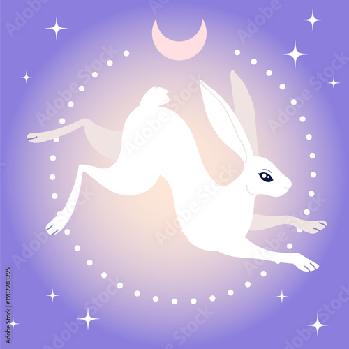 Elegant celestial vector card, poster. White hare, rabbit, stars, moon in mystical cosmic space. Soft pastel colors and gradients. Magic totem animal, lunar mythology. Flat hand drawn illustration