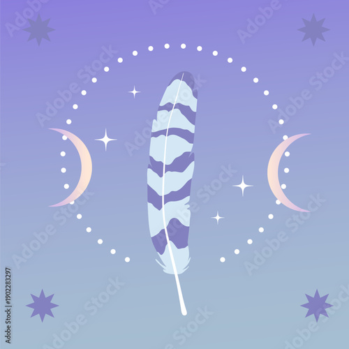 Elegant vector card, poster. Illustration of feather and celestial elements: moon, stars. Harmony, spirituality, serenity concept. Soft pastel colors: blue, purple. Dreamy mystic ethereal aesthetic