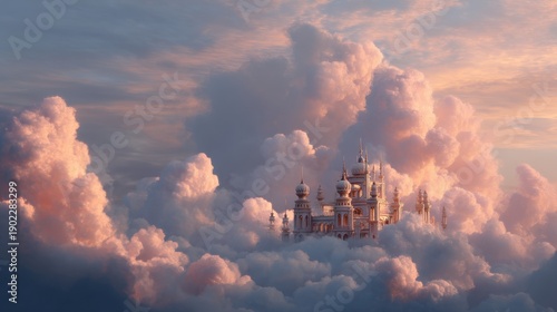 Fantasy castle floating among pink and purple clouds at sunset. Magical mythical kingdom in the sky. Dreamlike ethereal architecture for fairylike story.