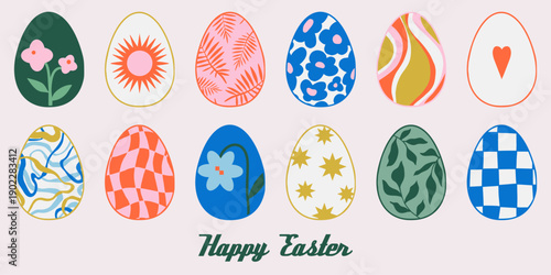 Easter egg vector card, banner, flyer. Modern abstract hand drawn doodles. Happy Easter trendy flat illustration. Cute florals, stars, geometric ornament. Spring design. April party decoration set