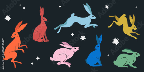 Colorful hand drawn rabbits, hares in various poses with star elements. Flat modern illustration for Easter, nature,forest, mystica designs