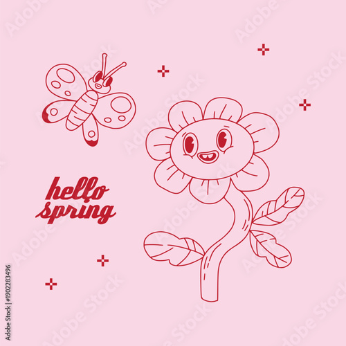 Cute floral groovy illustration. Smiling flower, butterfly "Spring is here" text. Quirky linear outline characters. Playful cheerful design. Cute hippie retro poster, print, card. Hand drawn vector