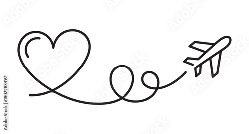Airplane flying in heart shape path symbolizing love for travel and aviation with dotted route line