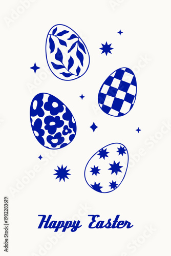 Hand drawn linear Easter symbol card, banner, flyer: stars, sparkles, decorated eggs with doodle ornaments. Vector blue outline illustration. Trendy sketch style design for spring holiday celebration