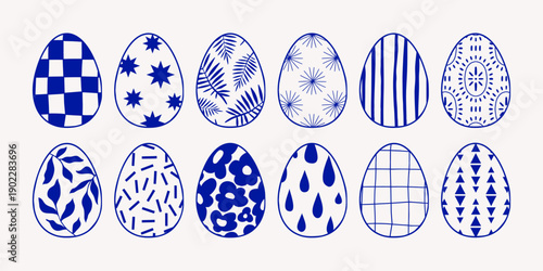 Collection of hand drawn linear Easter decorated eggs with doodle, floral, geometric ornaments. Vector blue outline illustration. Trendy minimal design for spring holiday celebration