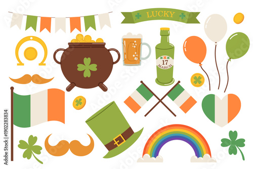 Set of St. Patrick's Day illustrations. Symbols of good luck for the Irish holiday: shamrocks, rainbows, gold coins, horseshoes, and a beer party. Simple, flat illustration.