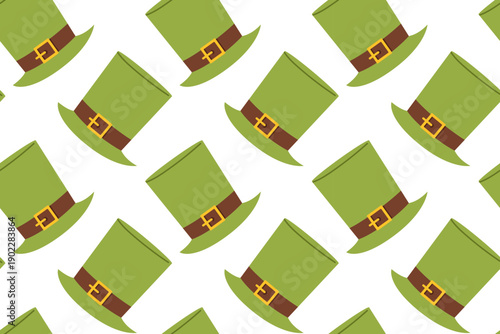 Seamless festive St. Patrick's Day pattern with a leprechaun hat. Symbols of good luck for this Irish holiday include shamrocks, rainbows, gold coins, horseshoes, and a beer party. Flat illustration.