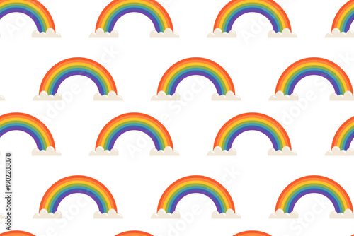 Seamless, festive St. Patrick's Day pattern with a rainbow. Symbols of good luck for this Irish holiday include shamrocks, rainbows, gold coins, horseshoes, and a beer party. Simple, flat illustration