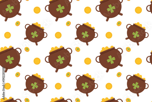 Seamless festive St. Patrick's Day pattern featuring a pot of gold. Symbols of good luck for this Irish holiday include shamrocks, rainbows, gold coins. Flat illustration