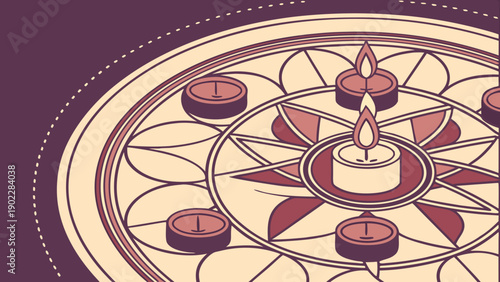 Diwali Decorative Candles and Floral Pattern in Purple and Beige Colors