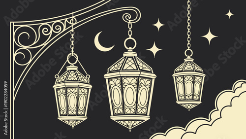 Elegant Lanterns Hanging Under Crescent Moon and Stars on Black Background with Cloud