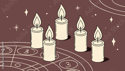 Illuminated Candles on Mystical Grid with Numbers and Stars