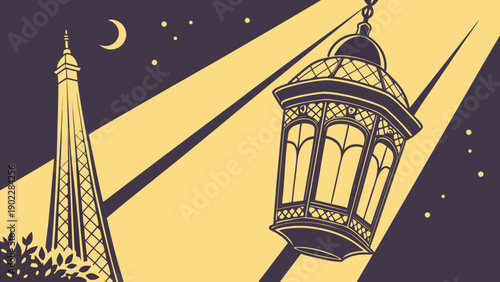 Eiffel Tower at Night with Lantern and Crescent Moon, Parisian Scene