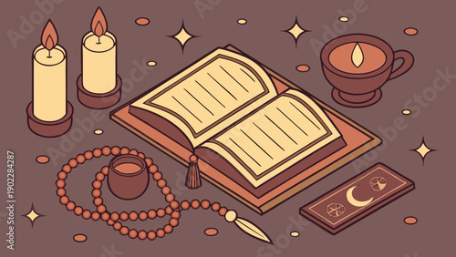 Spiritual Symbols and Ritual Objects Arranged on a Brown Background