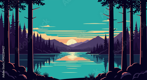 Enchanting forest scene with tall trees framing a lake at sunset, reflecting purple mountains and a colorful sky, digital illustration.