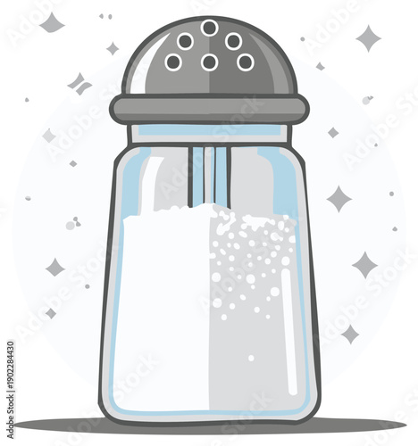 Cartoon illustration of a salt shaker filled with salt crystals, for cooking and seasoning.