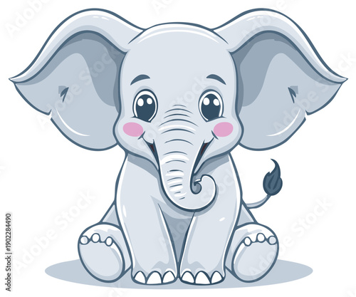 Cute baby elephant with big ears and happy smiling face sitting looking forward