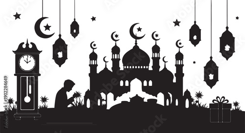 Black silhouette of a traditional Muslim family of four seated on the floor, sharing a meal together—symbolizing unity, cultural tradition, and spiritual bonding during Ramadan.