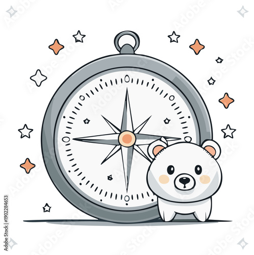 Cartoon compass with a cute polar bear cub, illustrated vector graphic